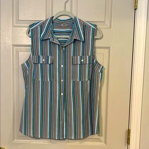 Lee Riders Women’s Blue and White Striped Sleeveless Shirt EUC XL